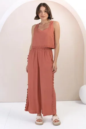 Salty Crush Bailie Linen Set - Boxy Top and Pant Set with Rick Rack Detailing in Guava