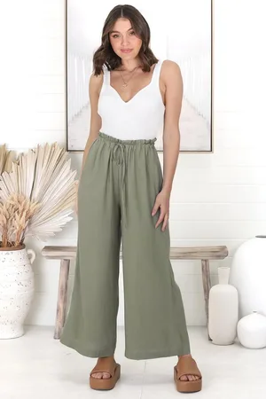 Salty Crush Armon Pants - Paper Bag Waist with Tie Wide Leg Pants in Khaki