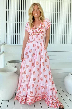 Jaase Romi Maxi Dress: Button Down Cap Sleeve Dress with Waist Tie in Desert Wildflowers Print