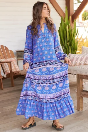 Jaase Kensey Maxi Dress: Mandarin Collar Long Sleeve Tiered Dress in Bluey Print