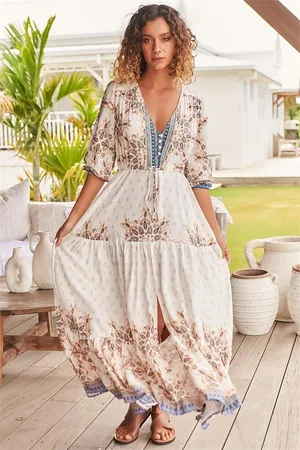 Jaase Tessa Maxi Dress: A Line Pull Tie Waist Dress in Gemstone Print