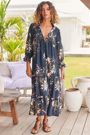 Jaase Briana Midi Dress: Frill Collar Oversized Buttoned Dress with Waist Tie and Frill Splicing in Indigo Print