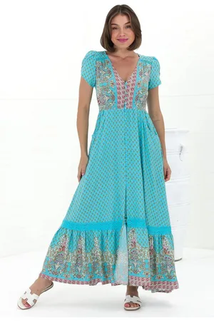 Jaase Carmen Maxi Dress: Butterfly Cap Sleeve Button Down A Line Dress with Lace Trim in Atlantis Print