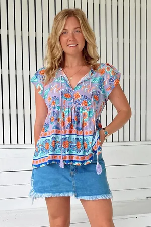 Jaase Ella Top: Butterfly Cap Sleeve Smock Top with Neck Tie in Daydreamer Print