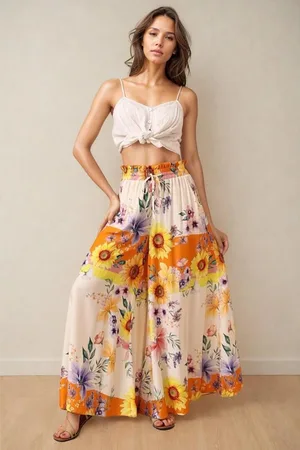 Salty Crush Charli Pants - Paper Bag High Waisted Wide Leg Pants in Tansy Print