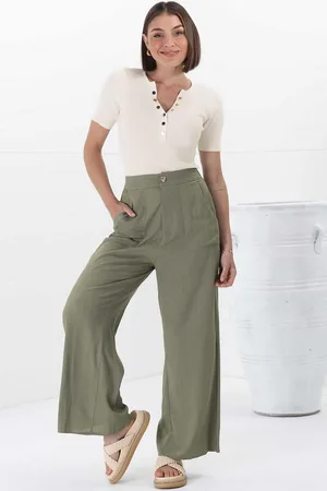 Salty Crush Devira Linen Pants - High Waisted Wide Leg Pant in Khaki