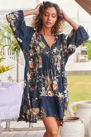 Jaase Adela Mini Dress: Oversized Smock Dress with Batwing Sleeves in Indigo Print