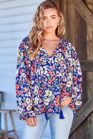 Jaase Rue Top: Pull Over Top with Neck Tie in Carnation Print