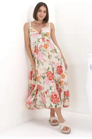 Jaase Gypsy Midi Dress: Lattice Trim Adjustable Strap Sun Dress in Verbena Print