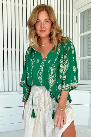 Jaase Rue Top: V Neck Smock Top with Crochet Trim in Kiva Print