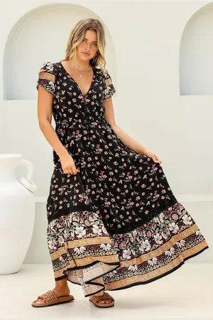 Jaase Carmen Maxi Dress: Butterfly Cap Sleeve Button Down A Line Dress with Lace Trim in Eternity Print