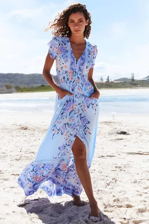 Jaase Romi Maxi Dress: V Neck Cap Sleeve A-Line Button Through Dress in Heaven Print