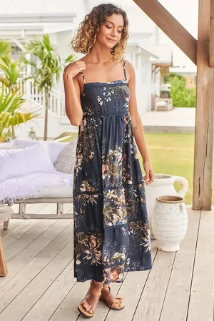 Jaase Heidi Midi Dress: Tiered Sun Dress with Crochet Splicing in Indigo Print