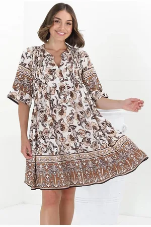 Salty Crush Evie Mini Dress - 3/4 Sleeve Tiered Smock Dress in Djonga Print Beige
