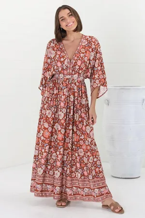 Salty Crush Zelle Maxi Dress - V Neck Batwing Sleeve Dress with Side Splits in Anissa Print Rust