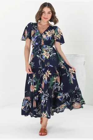 Salty Crush Adhira Maxi Dress - Buttoned Bodice A-Line Dress with Flute Sleeves in Raven Print