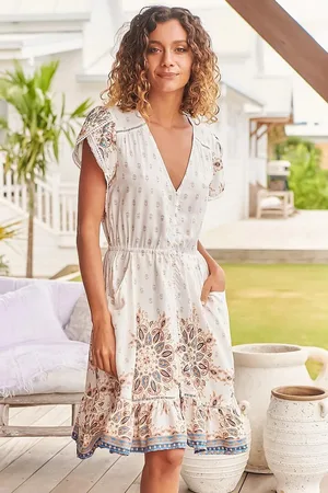 Jaase Lizzie Mini Dress: Butterfly Cap Sleeve Button Down Dress with Pockets in Gemstone Print