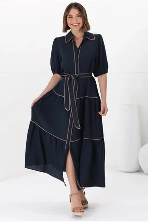 Salty Crush Valencia Maxi Dress - Collared Tiered Button Down Dress with Contrast Trim in