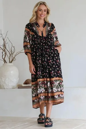 Jaase Boheme Midi Dress: Piping Defined Bust Slimline Smock Dress In Eternity Print