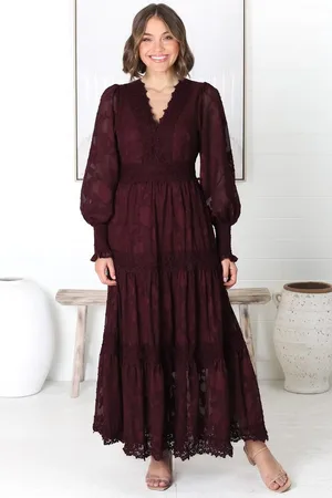 Salty Crush Rouge Maxi Dress - Lace Overlay Tiered Dress in Wine