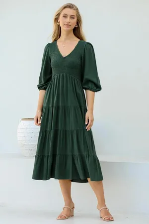 Salty Crush Lellah Midi Dress - Shirred Bodice Soft V Neck Tiered Dress in Green