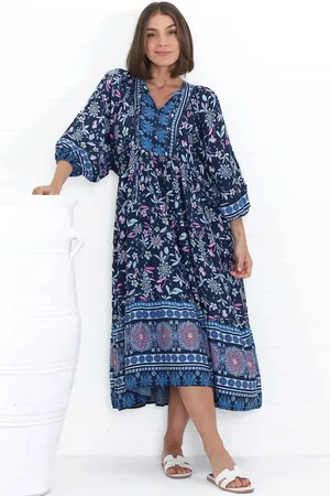Salty Crush Kamali Midi Dress - Batwing Sleeve Smock Dress with Lace Detailing in Thanya Print Blue