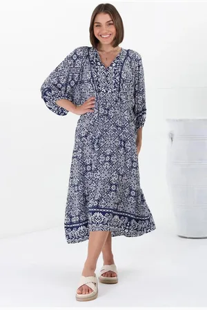 Salty Crush Kamali Midi Dress - Batwing Sleeve Smock Dress with Lace Detailing in Harley Print Blue