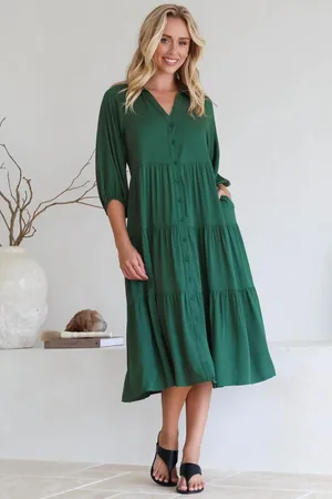 Salty Crush Zaraha Midi Dress - Folded Collar Button Down Tiered Dress in