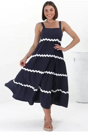 Salty Crush Fabie Midi Dress - Thick Strap Rick Rack Splicing Cotton Sun Dress in