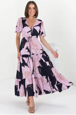 Salty Crush Ziggy Maxi Dress - Cap Sleeve Tiered Dress with Pull Tie Waist in Jaffa Print