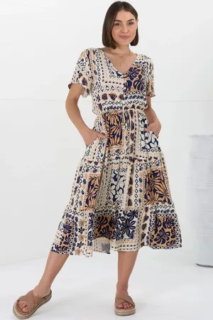 Salty Crush Marly Midi Dress - A Line Dress with Cap Sleeves and Rick Rack Splicing Alphy Print