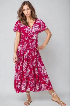 Salty Crush Anais Midi Dress - Cap Flutter Sleeve Button Down A Line Dress in Kimberly Print