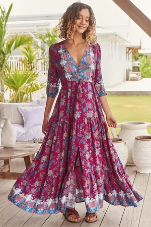 Jaase Tessa Maxi Dress: A Line Pull Tie Waist Dress in Strawberry Kiss Print