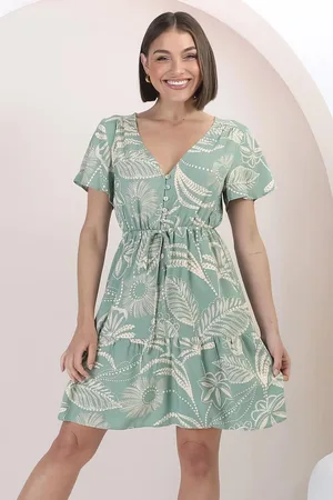 Salty Crush Malila Mini Dress - Cap Sleeve A Line Dress with Pull Tie Waist in Havanna Print Green