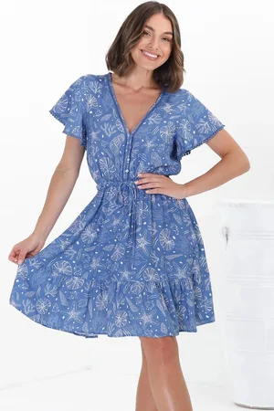 Salty Crush Lorena Mini Dress - V Neck Pull Tie Waist Mini Dress in Cove Print Blue