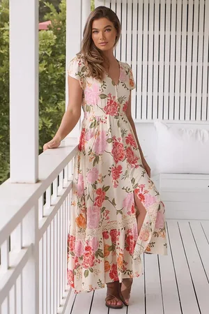 Jaase Carmen Maxi Dress: Butterfly Cap Sleeve Button Down A-Line Dress with Lace Trim in Verbena
