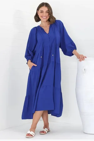 Salty Crush Kamali Midi Dress - Batwing Sleeve Smock Dress with Lace Detailing in