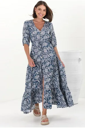 Salty Crush Rachel Maxi Dress - V-Neck 3/4 Sleeve Pull Tie Waist Tiered Dress in Brulette Print Blue