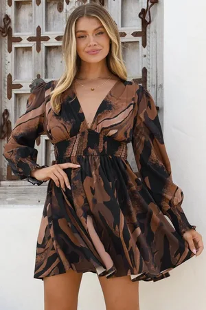 Salty Crush Celita Mini Dress - Deep V-Neck Dress with Flowing Skirt in Chelsea Print Brown