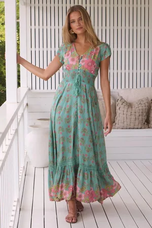 Jaase Romi Maxi Dress: Button Down Cap Sleeve Dress with Waist Tie in Meadowland Print