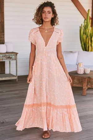 Jaase Carmen Maxi Dress: Butterfly Cap Sleeve Button Down A Line Dress with Lace Trim in Peach Island Print