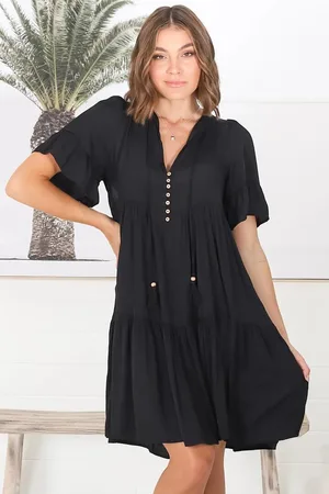 Salty Crush Lilou Mini Dress - Smock Mini Dress with V Neckline in Black