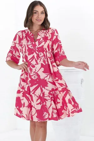 Salty Crush Evie Mini Dress - 3/4 Sleeve Tiered Smock Dress in Patty Print Pink