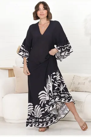 Salty Crush Evan Maxi Dress - Slimline Smock Dress with Bell Sleeves in the Harris Print