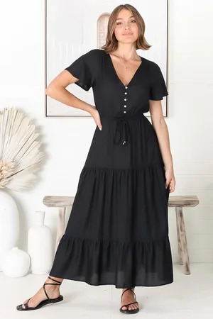 Salty Crush Hanna Maxi Dress - Cap Sleeve Tiered A Line Dress with Toggle Detailed Waist Tie in Black