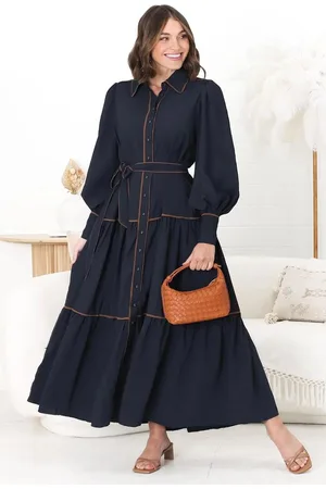 Salty Crush Marise Maxi Dress - A Line Dress with Collared Neckline and Long Sleeves in