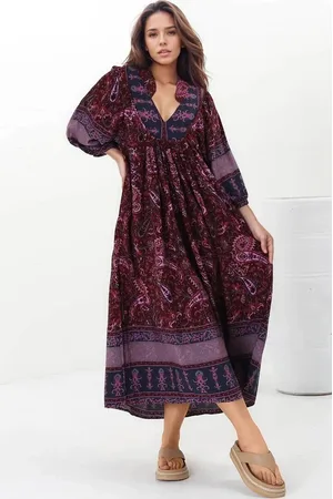 Jaase Boheme Midi Dress: Piping Defined Bust Slimline Smock Dress In Sadie Print