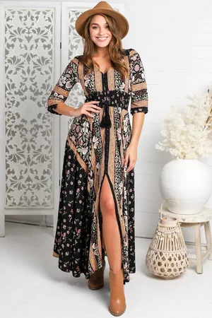Jaase Indiana Maxi Dress: Lace Back Shirred Waist A Line Dress with Handkerchief Hemline in Eternity Print