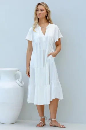 Salty Crush Peggy Midi Dress - Relaxed Mandarin Collar Pleated Bust Tiered Linen Dress in White