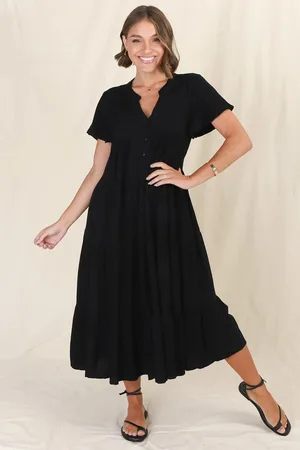 Salty Crush Peggy Midi Dress - Relaxed Mandarin Collar Pleated Bust Tiered Linen Dress in Black